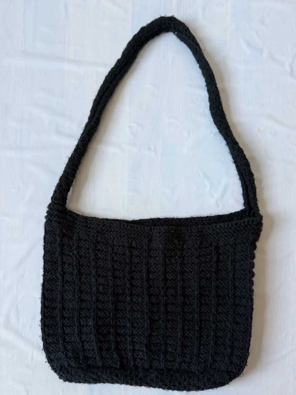 Black crochet shoulder bag handmade home crafted textured cable waffle tote